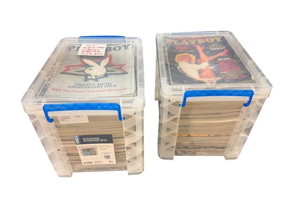 APPROX. 70 ASSORTED PLAYBOY MAGAZINES FROM THE 1970'S AND 1980'S: GOOD CONDITION, IN PLASTIC TUBS FOR STORAGE