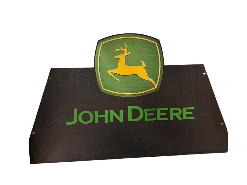 TWO SIDED JOHN DEERE TRACTOR METAL SIGNED WITH CLASSIC GREEN AND YELLOW DESIGN: HAS HOLES FOR MOUNTING, GOOD CONDITION WITH MINOR SCUFF ON ONE SIDE 29" X 18"
