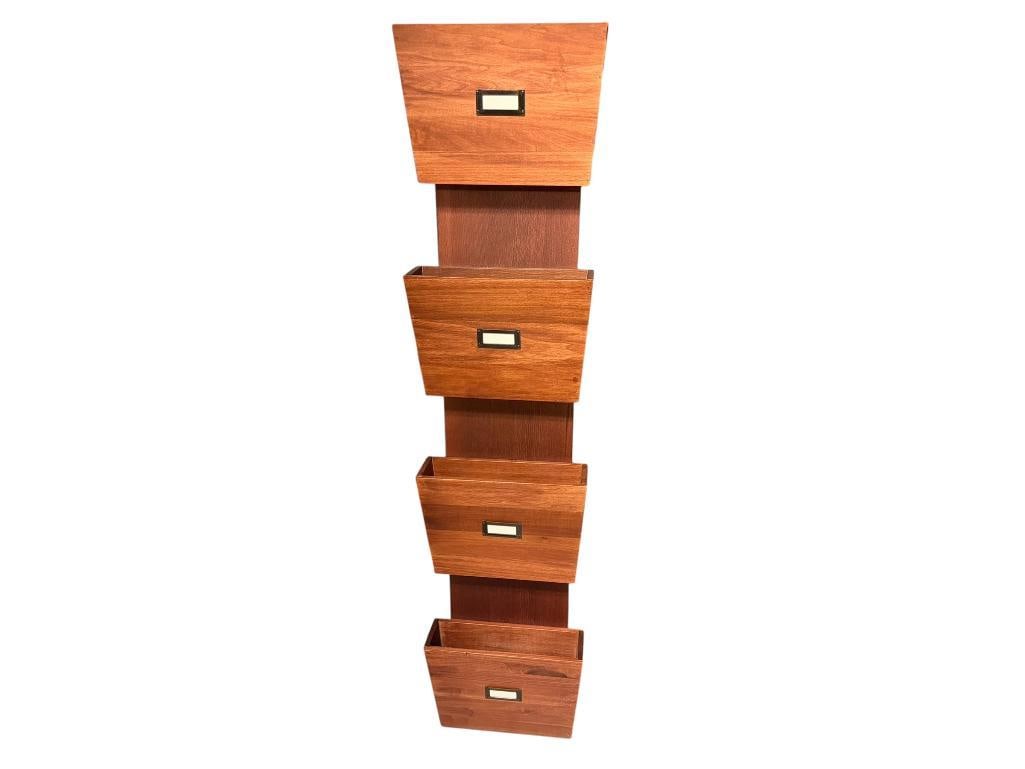 MID-CENTURY STYLE WOODEN WALL MOUNTED MAGAZINE RACK / DOCUMENT ORGANIZER: FEATURING FOUR BINS WITH LABELS, GOOD CONDITION 11" X 4" X 48"