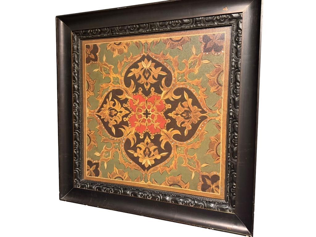 REPRODUCTION TEXTURED PRINT " ROYAL MEDALLION " BY AMERICAN DECORATIVE ARTIST LIZ JARDINE: FEATURES AN ORNATE CLASSICAL ARABESQUE MEDALLION, FRAMED, FRAME HAS SOME FLAWS 45" SQUARE