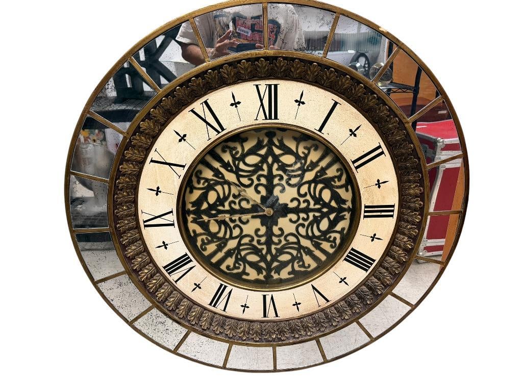 ELEGANT MIRRORED PANEL ROUND GALLERY WALL CLOCK WITH VINTAGE STYLE AND WOOD FRAME: FEATURING ROMAN NUMERALS, BATTERY POWERED, MINOR FLAW IN WOOD FRAME 36" DIAMETER