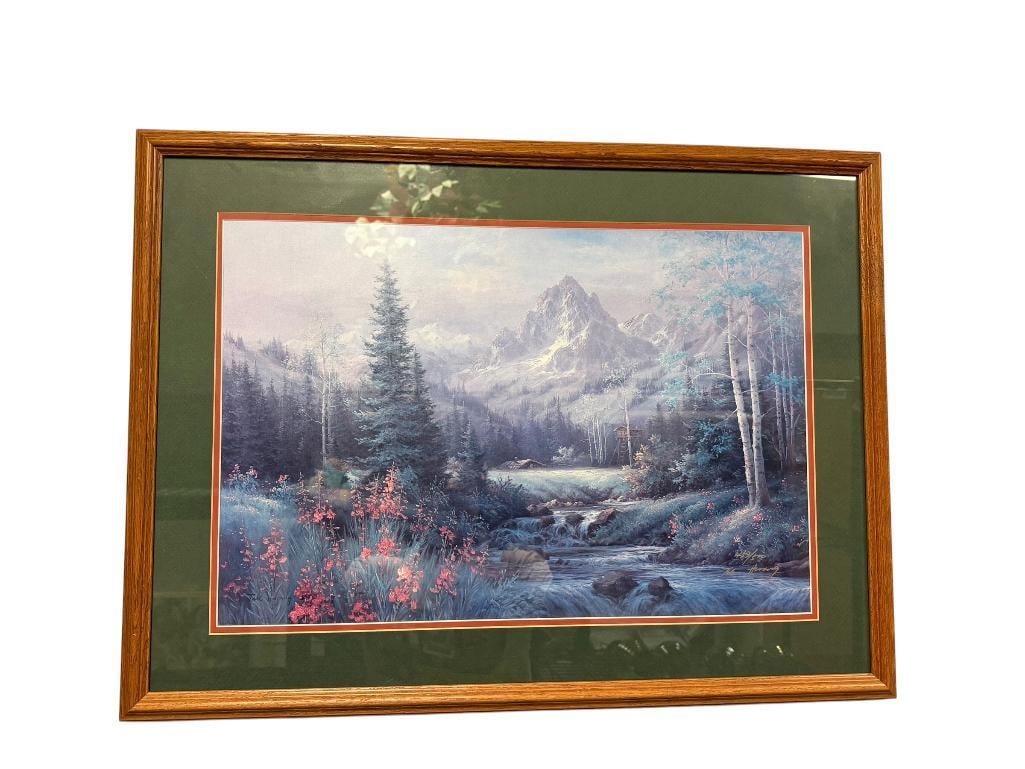 SIGNED AND NUMBERED LIMITED EDITION PRINT BY TOK HWANG OF A MOUNTAINSIDE LANDSCAPE: SIGNED BY ARTIST IN LOWER RIGHT AND NUMBERED 453/500, FRAMED AND DOUBLE MATTED 28" X 21" FRAME