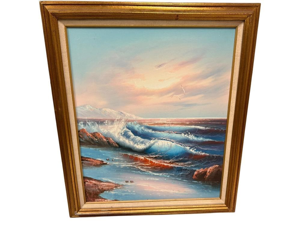ORIGINAL OIL ON CANVAS PAINTING OF A SEASCAPE AT SUNSET WITH BLUE AND PEACH TONES (1 of 8)