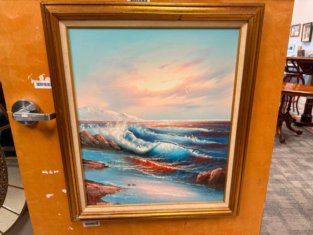 ORIGINAL OIL ON CANVAS PAINTING OF A SEASCAPE AT SUNSET WITH BLUE AND PEACH TONES - 2