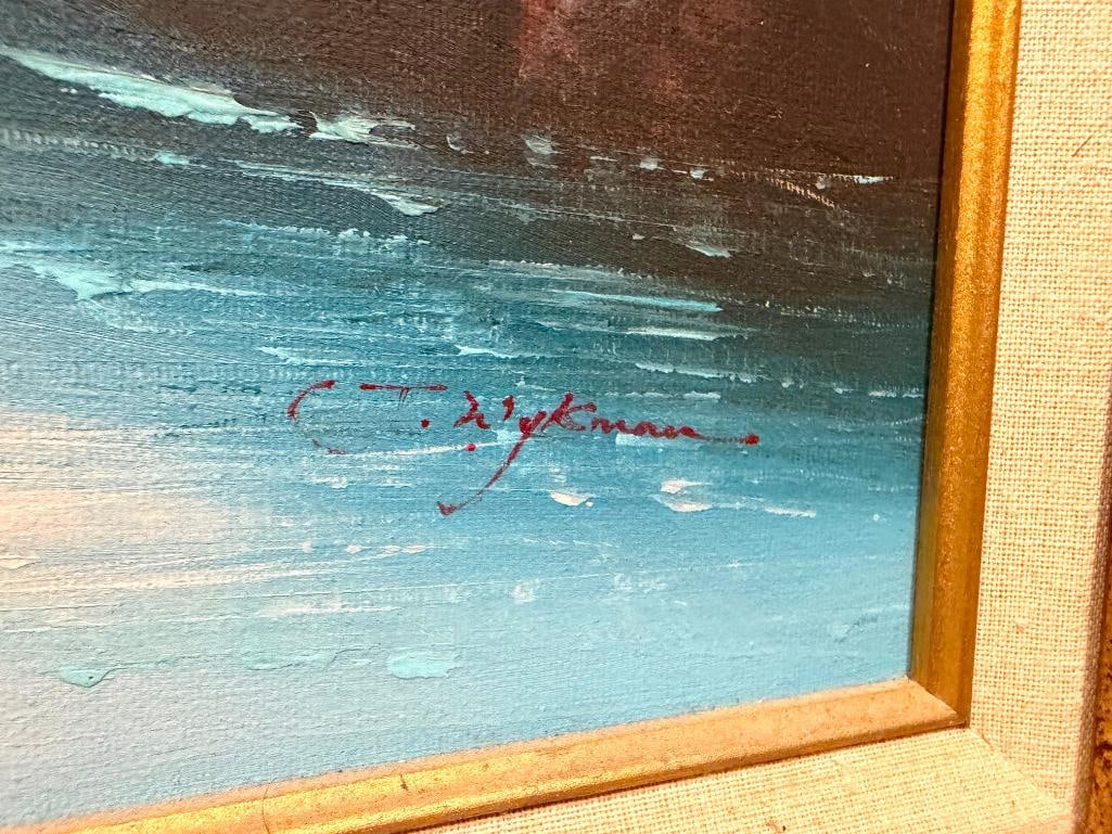 ORIGINAL OIL ON CANVAS PAINTING OF A SEASCAPE AT SUNSET WITH BLUE AND PEACH TONES - 3