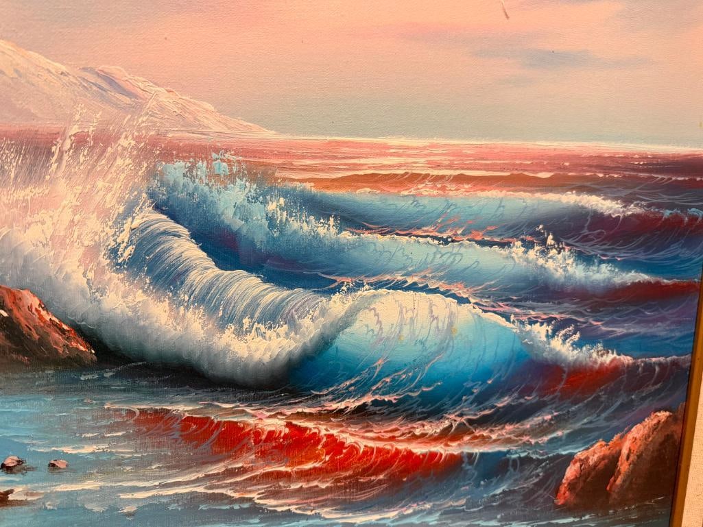 ORIGINAL OIL ON CANVAS PAINTING OF A SEASCAPE AT SUNSET WITH BLUE AND PEACH TONES - 4
