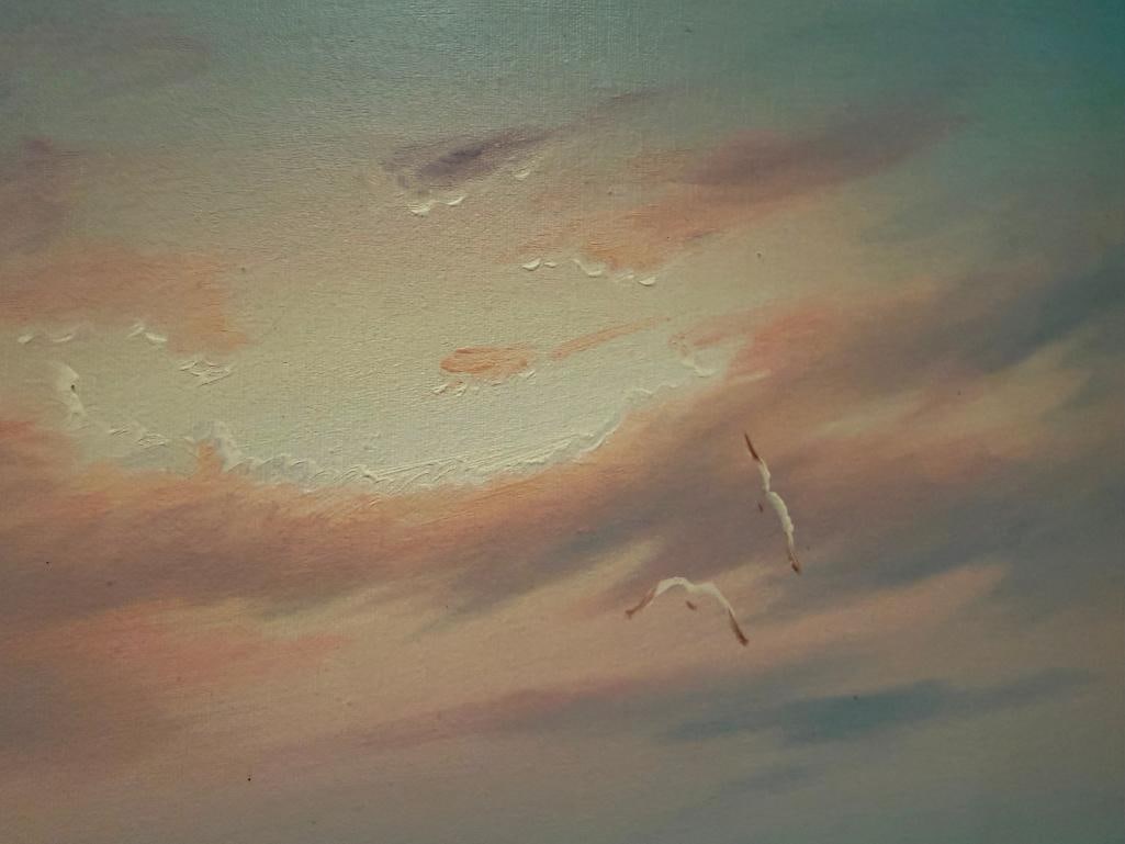 ORIGINAL OIL ON CANVAS PAINTING OF A SEASCAPE AT SUNSET WITH BLUE AND PEACH TONES - 5