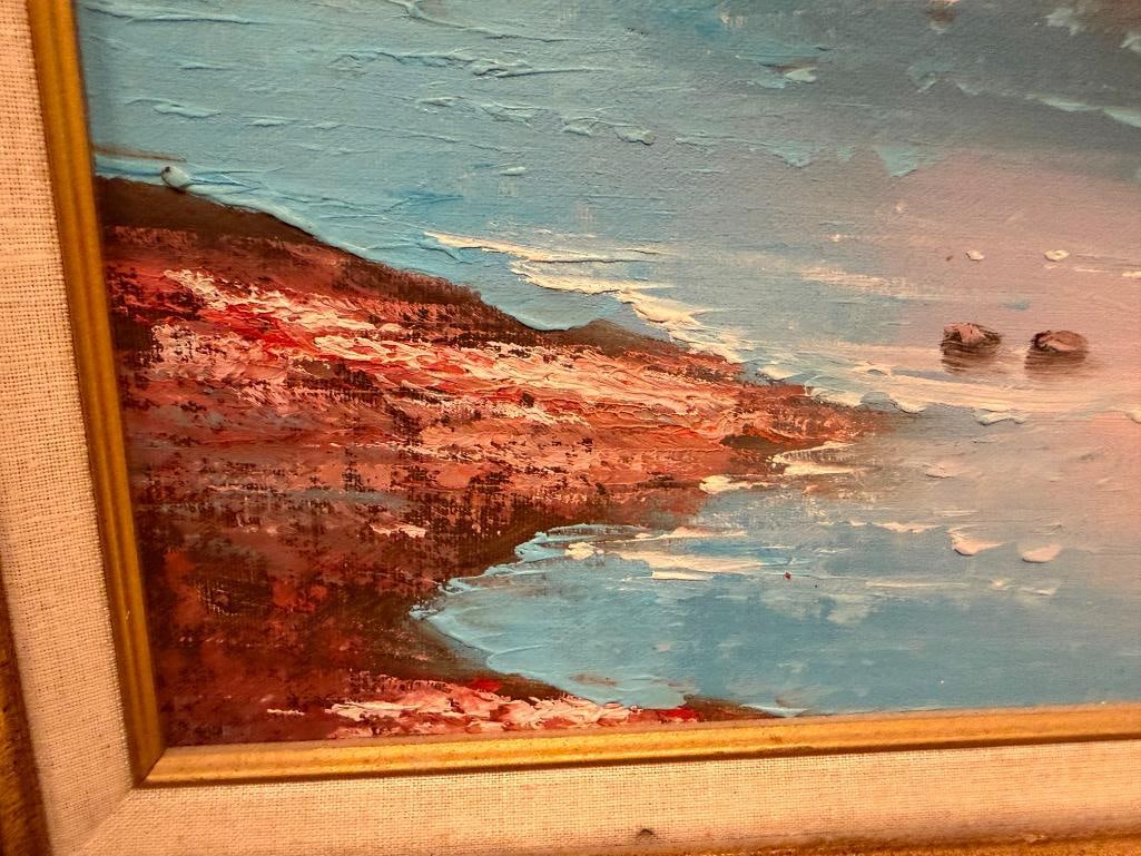 ORIGINAL OIL ON CANVAS PAINTING OF A SEASCAPE AT SUNSET WITH BLUE AND PEACH TONES - 6