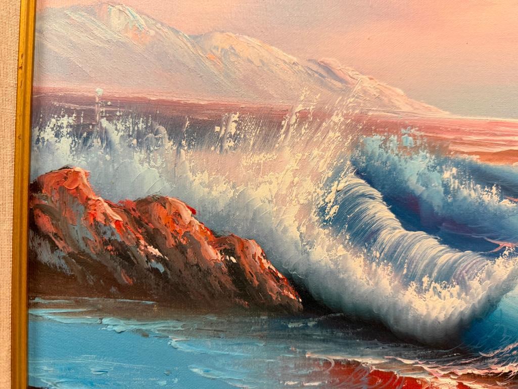ORIGINAL OIL ON CANVAS PAINTING OF A SEASCAPE AT SUNSET WITH BLUE AND PEACH TONES - 7