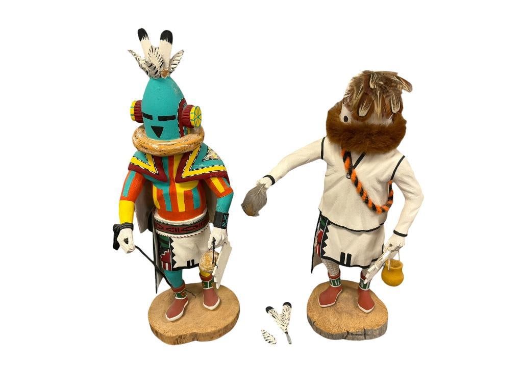 LEO LA CA PA HIGHLY RESPECTED HOPI PUEBLO KACHINA CARVER FROM FIRST MESA AHOLI AND EOTOTO: BOTH KACHINA DOLLS ARE HAND CARVED AND HAND PAINTED WITH POLYCHROME GEOMETRIC DESIGNS, BOTH MOUNTED ON WOOD BASE, EACH IS SIGNED ON THE BOTTOM BY THE ARTIST, AHOLI KACHINA HAS DAMAGED PIECES, BUT ARE 