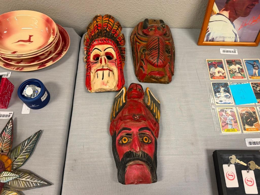 VINTAGE OAXACA, MX DIA DE LOS MUERTOS DEMON / SKULL CARVED WOOD MASKS - 2