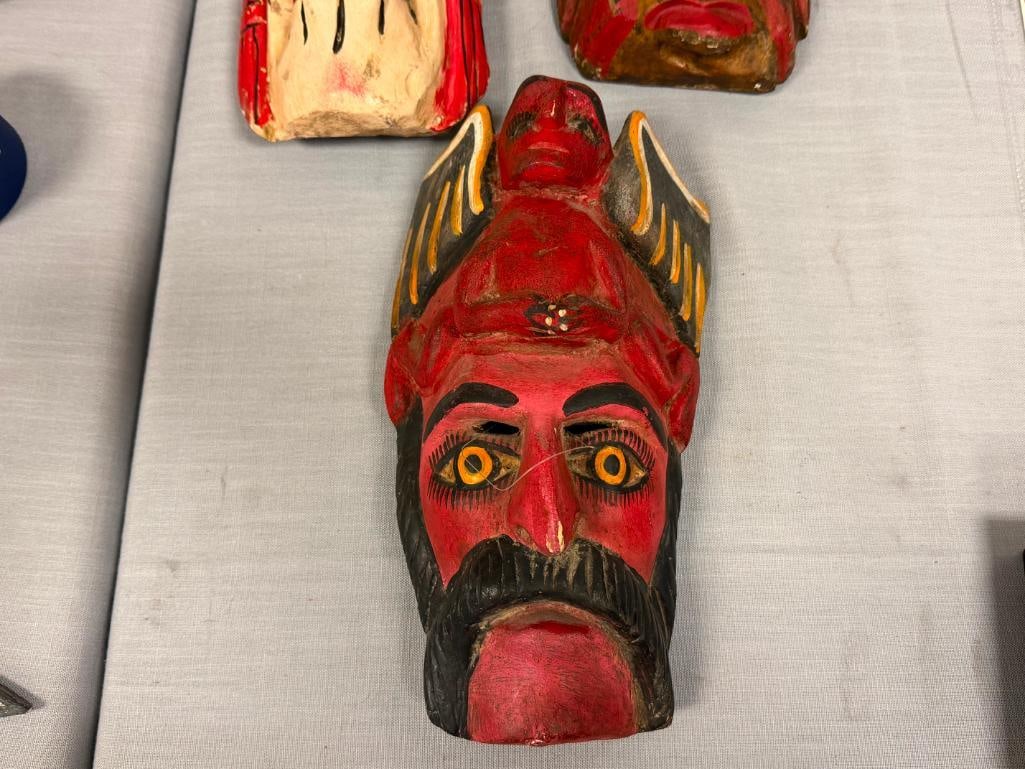 VINTAGE OAXACA, MX DIA DE LOS MUERTOS DEMON / SKULL CARVED WOOD MASKS - 3