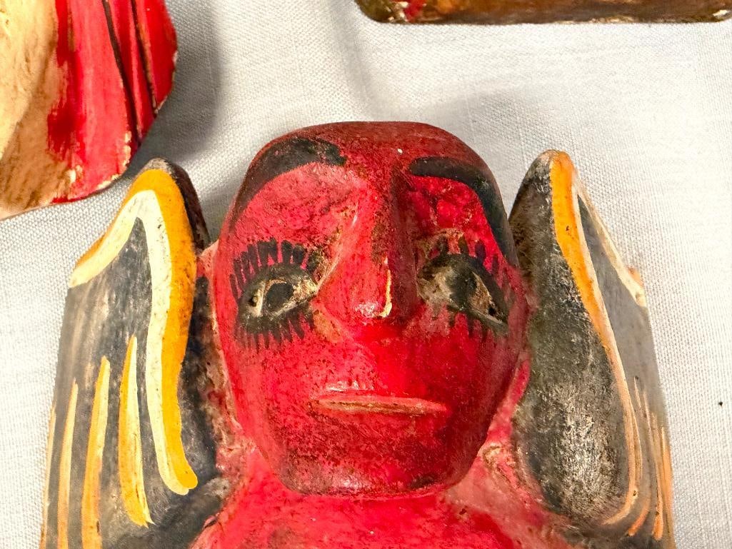 VINTAGE OAXACA, MX DIA DE LOS MUERTOS DEMON / SKULL CARVED WOOD MASKS - 4