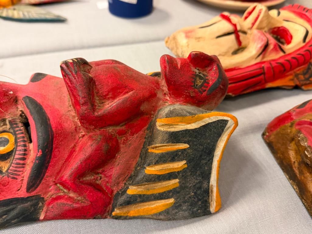 VINTAGE OAXACA, MX DIA DE LOS MUERTOS DEMON / SKULL CARVED WOOD MASKS - 6