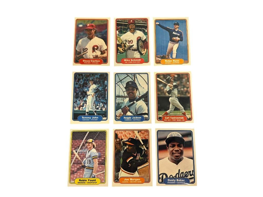 1982 FLEER BASEBALL HALL OF FAME BASEBAL CARDS MIKE SCHMIDT, ROBIN YOUNT, JOE MORGAN, TOMMY JOHN: STEVE CARLTON, NOLAN RYAN, REGGIE JACKSON, CARL YASTRZEMSKI, DUSTY BAKER, SEE PHOTOS FOR CONDITION 