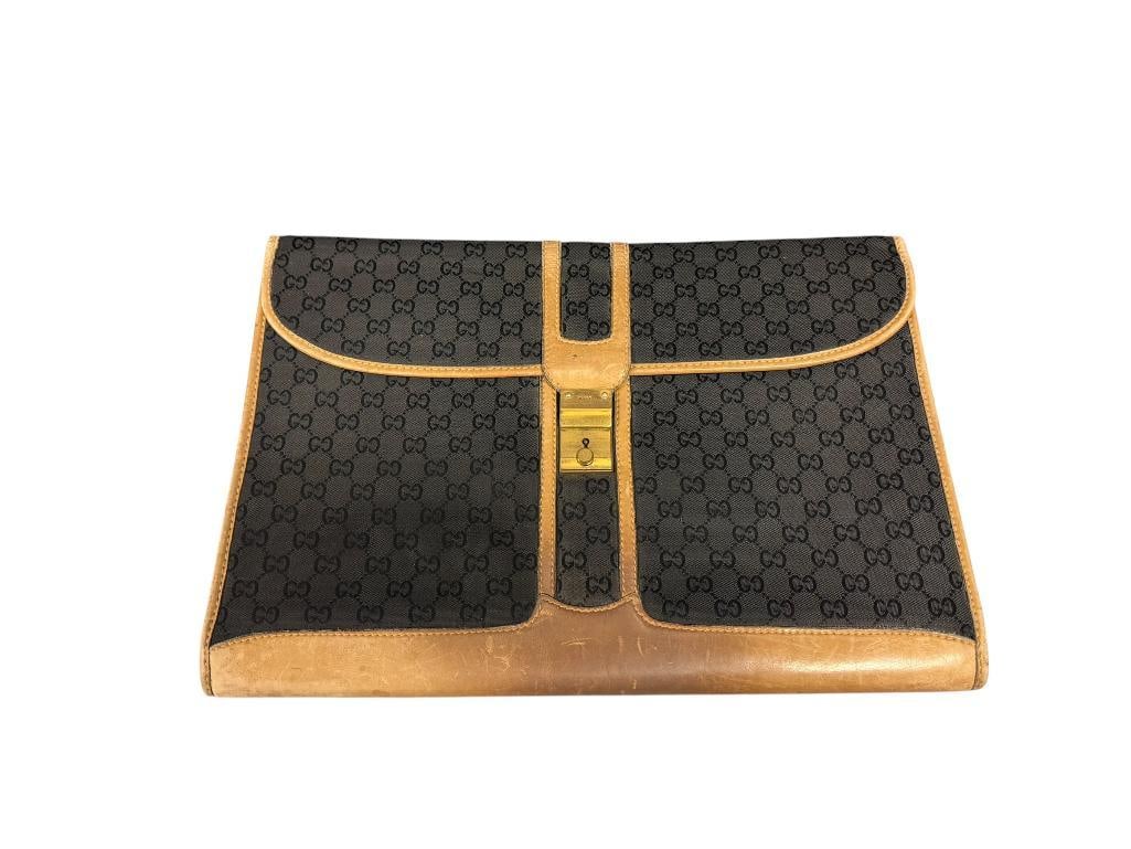 VINTAGE GUCCI GG MONOGRAM CANVAS AND LEATHER PORTFOLIO / DOCUMENT CASE: SHOWS WEAR 15 1/2" X 11"