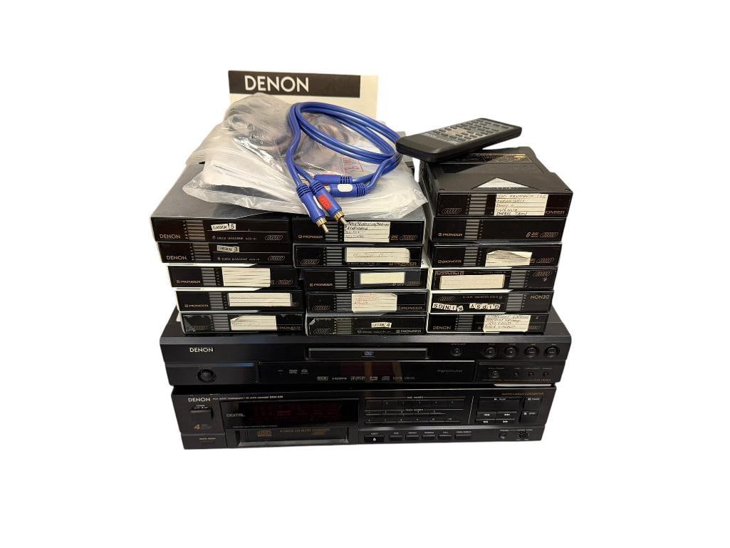 DENON CD AUTO CHANGER DCM-555 AND DENON SUPER AUDIO CD PLAYER DVD-1930CI: INCLUDES 25 PIONEER AND DENON 6 DISC CASSETTE DECKS, PLUS REMOTE AND MANUAL, TESTED +