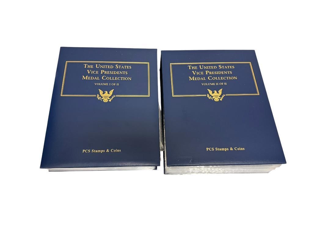 THE UNITED STATES VICE PRESIDENTS MEDAL COLLECTION VOL I & II PCS STAMPS AND COINS: TWO ALBUMS WITH MEDALLIONS OF FORMER VICE PRESIDENTS ALONG WITH INFORMATION SHEET, INDIGO ALBUMS WITH GILT LETTERING