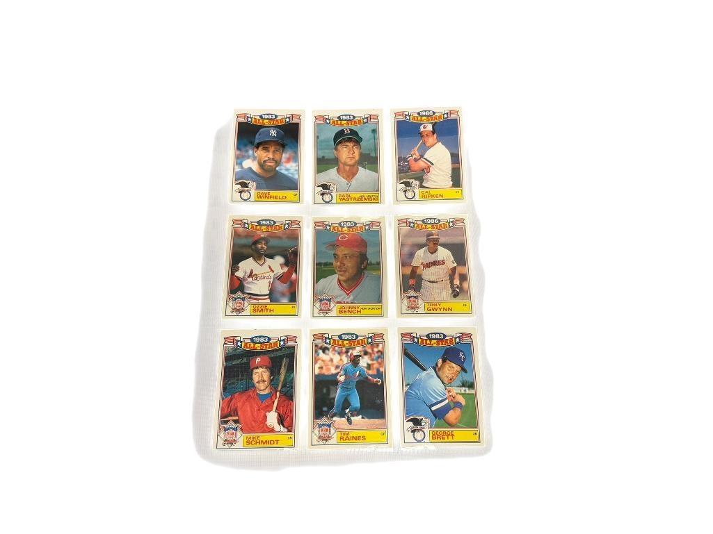 1984-87 TOPPS ALL STAR HALL OF FAME BASEBALL CARDS CAL RIPKEN, OZZIE SMITH, GEORGE BRETT: DAVE WINFIELD, CARL YASTRZEMSKI, JOHNNY BENCH, TONY GWYNN, MIKE SCHMIDT, TIM RAINES, SEE PHOTOS FOR CONDITION
