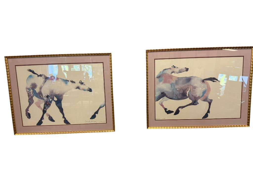 CAROL BRIGGS OREGON WATERCOLOR ARTIST DPITYCH ART PRINT SET PAINTED PONIES: MATCHING PRINT SET OF TWO GALLOPING PONIES, FRAMED 32" X 25" FRAME
