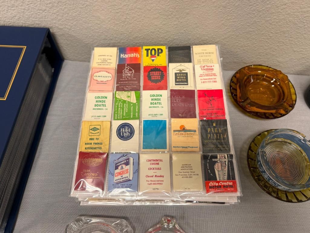 COLLECTION OF VINTAGE MATCHBOOKS AND GLASS ASHTRAYS - 6