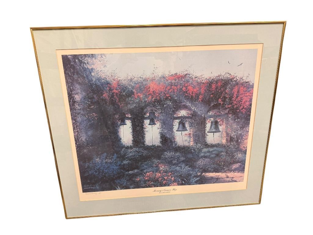 MAURICE HARVEY ENGLISH ARTIST PROOF PRINT TITLED MORNING'S CRIMSON HAZE: MAURICE HARVEY (1928-2019) STUDIED IN ENGLAND, LIVED IN CARMEL BY THE SEA AND IS KNOWN FOR HIS LANDSCAPES, ART DEPICTS A COURTYARD WITH FLOWER GARDEN AND ARCH WAY WITH HANGING BELLS, SIGNED LOWER LEFT