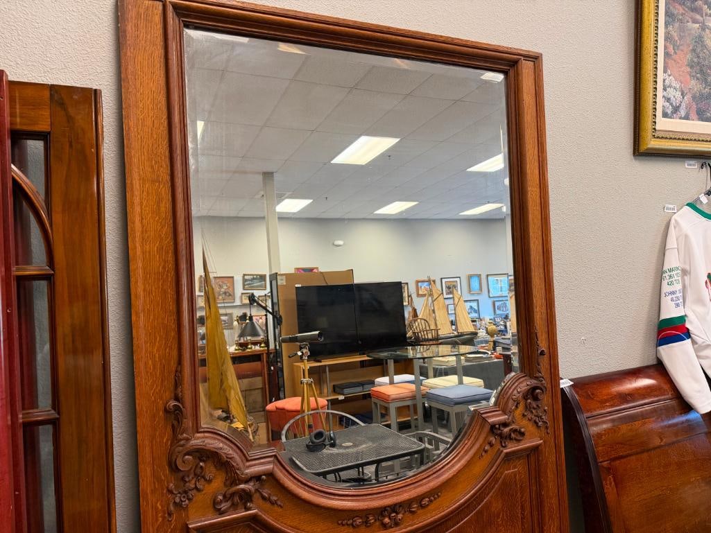 ANTIQUE QUARTER SAWN OAK BEVELED MIRROR LARGE DOOR WITH CARVED MOULDINGS AND FRAME - 10