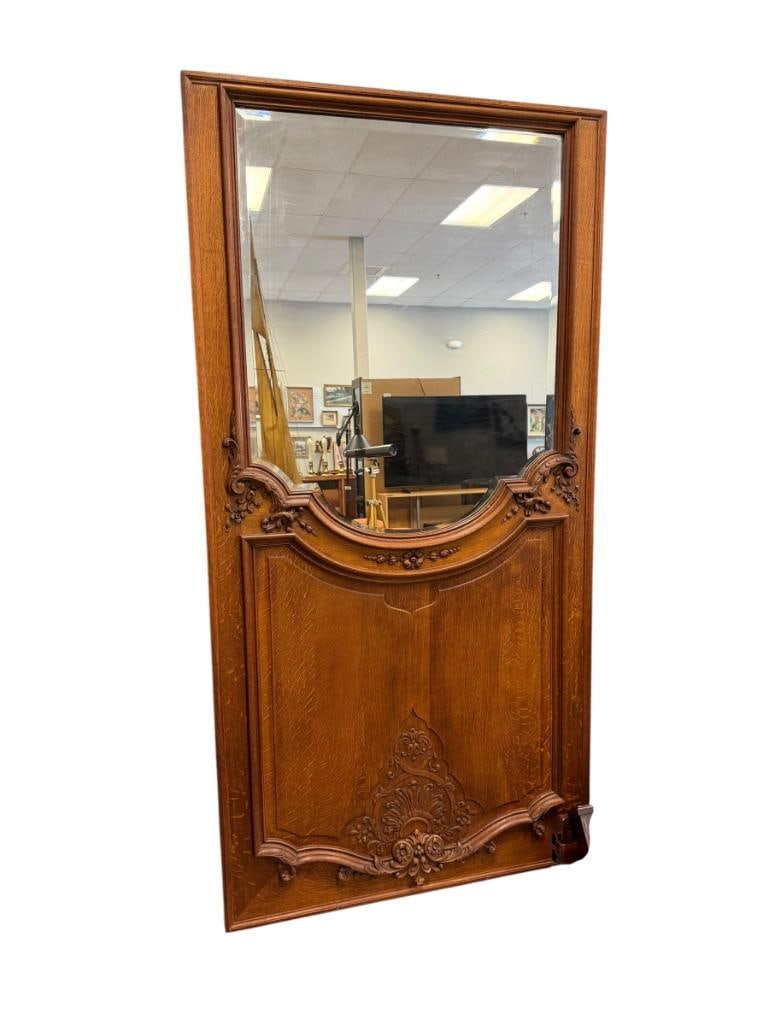 ANTIQUE QUARTER SAWN OAK BEVELED MIRROR LARGE DOOR WITH CARVED MOULDINGS AND FRAME - 12
