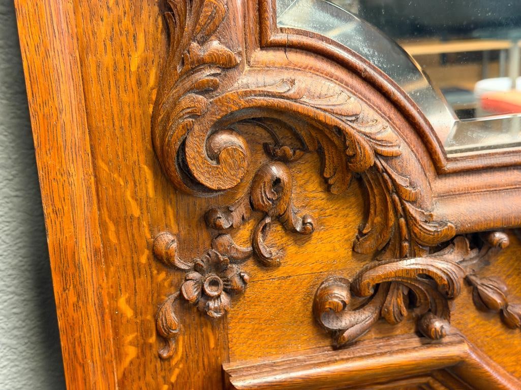 ANTIQUE QUARTER SAWN OAK BEVELED MIRROR LARGE DOOR WITH CARVED MOULDINGS AND FRAME - 16