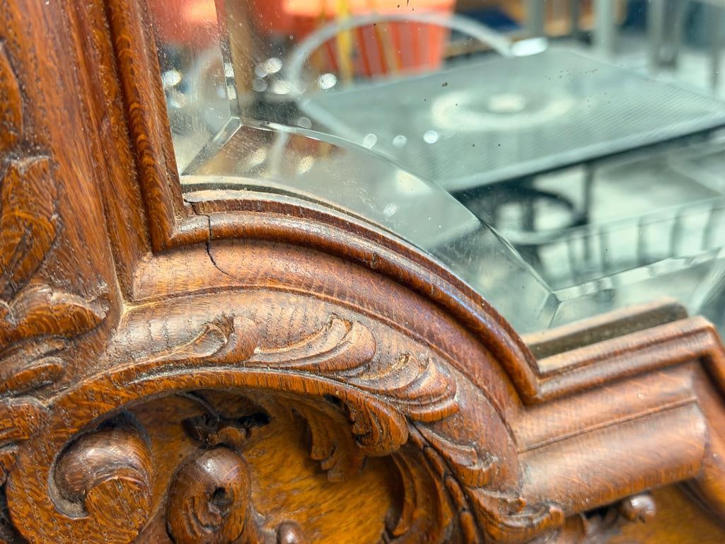 ANTIQUE QUARTER SAWN OAK BEVELED MIRROR LARGE DOOR WITH CARVED MOULDINGS AND FRAME - 17