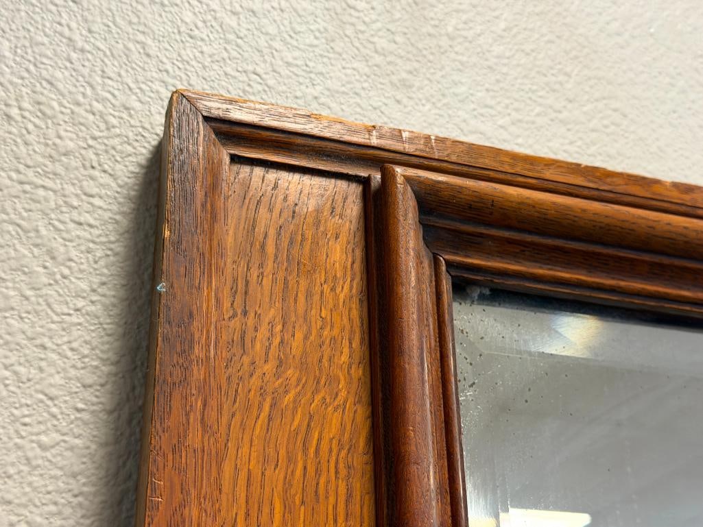 ANTIQUE QUARTER SAWN OAK BEVELED MIRROR LARGE DOOR WITH CARVED MOULDINGS AND FRAME - 18