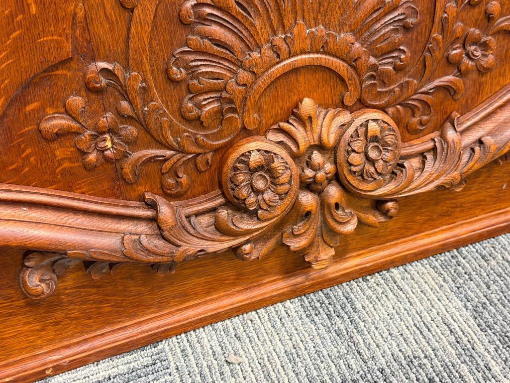 ANTIQUE QUARTER SAWN OAK BEVELED MIRROR LARGE DOOR WITH CARVED MOULDINGS AND FRAME - 19