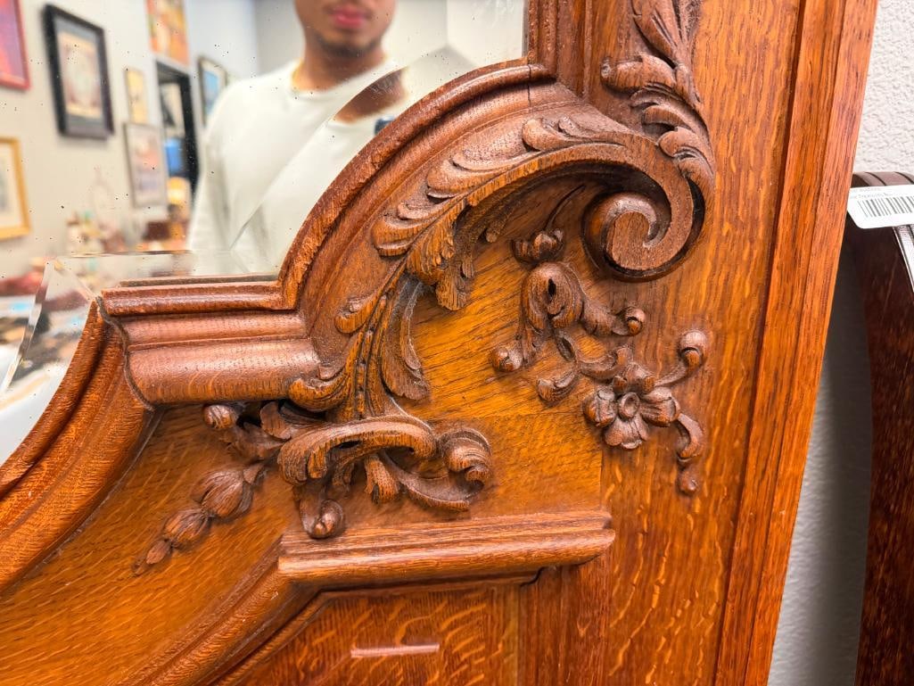 ANTIQUE QUARTER SAWN OAK BEVELED MIRROR LARGE DOOR WITH CARVED MOULDINGS AND FRAME - 7