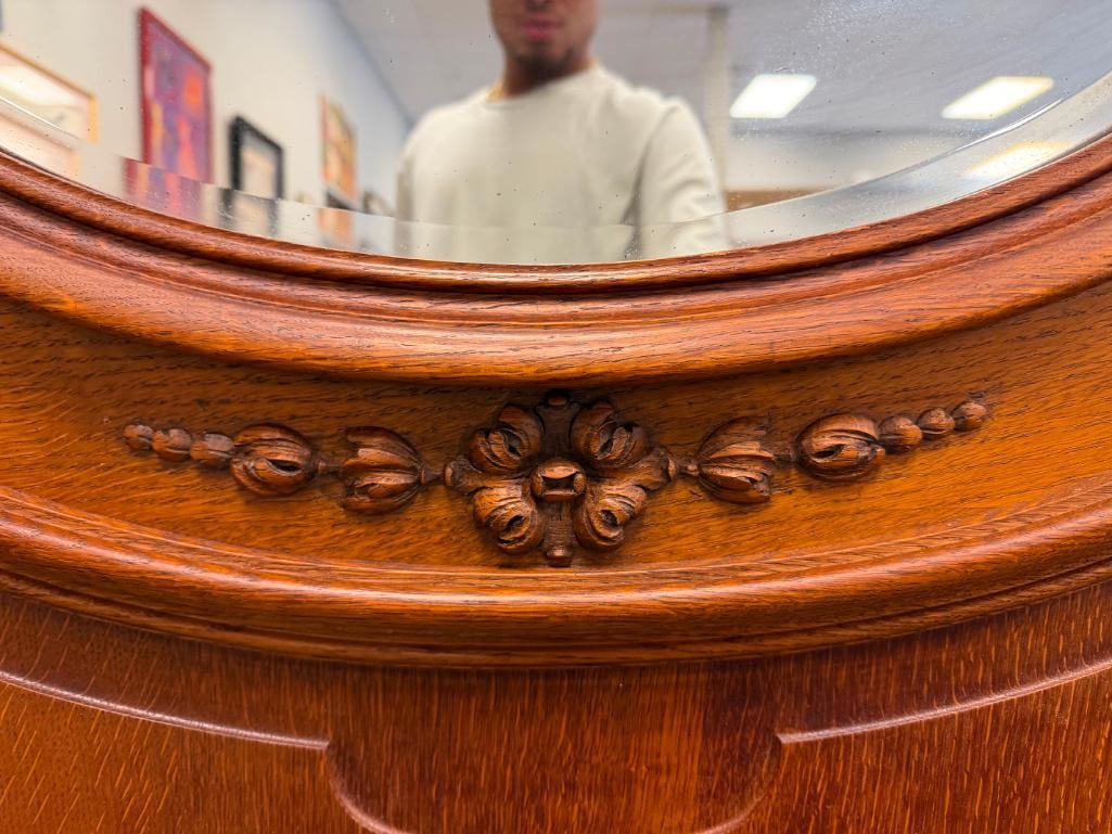 ANTIQUE QUARTER SAWN OAK BEVELED MIRROR LARGE DOOR WITH CARVED MOULDINGS AND FRAME - 8