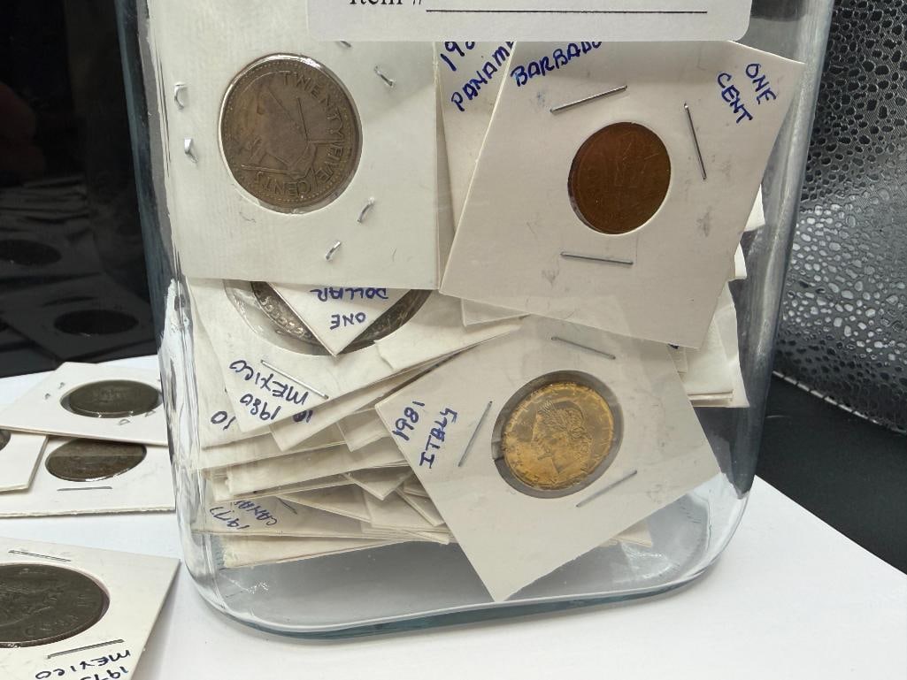 LIDDED GLASS JAR FILLED WITH MORE THAN 100 FOREIGNS COINS FROM ALL OVER THE WORLD - 7