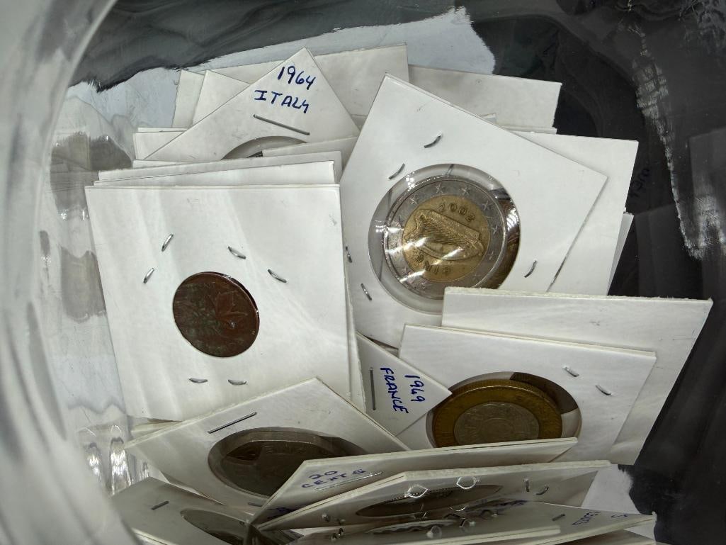 LIDDED GLASS JAR FILLED WITH MORE THAN 100 FOREIGNS COINS FROM ALL OVER THE WORLD - 8