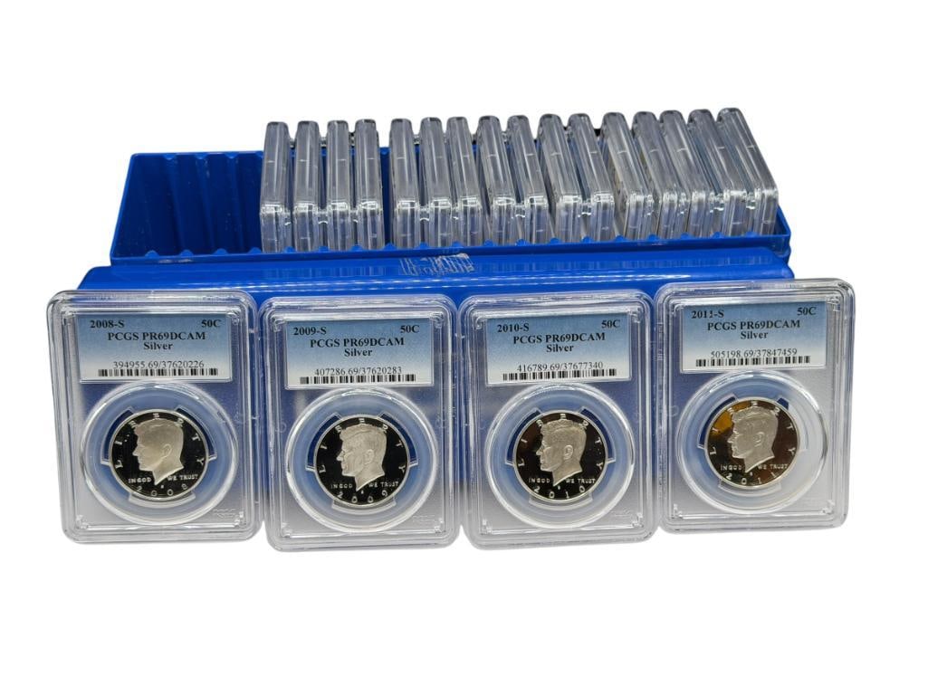 KENNEDY SILVER HALF DOLLAR PROOF COLLECTION FEATURING 1992-S TO 2011-S KENNEDY HALF DOLLARS: IN PCGS BLUE CASE, ALL GRADED PR69DCAM, 90% SILVER COINS