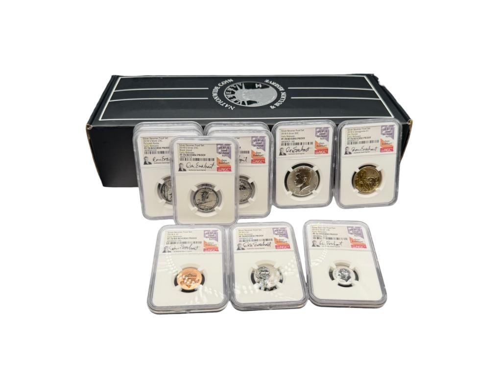 2018 U.S. SILVER REVERSE PROOF SET NGC PF70: 10 COIN PROOF SET, EARLY RELEASES, SIGNED BY U.S. MINT LEAD SCULPTOR RET. DON EVERHART, NGC PF70 REVERSE PROOFS, IN NATIONWIDE COIN & BULLION RESERVE CASE, INCLUDES SEVEN 90% SILVER COINS