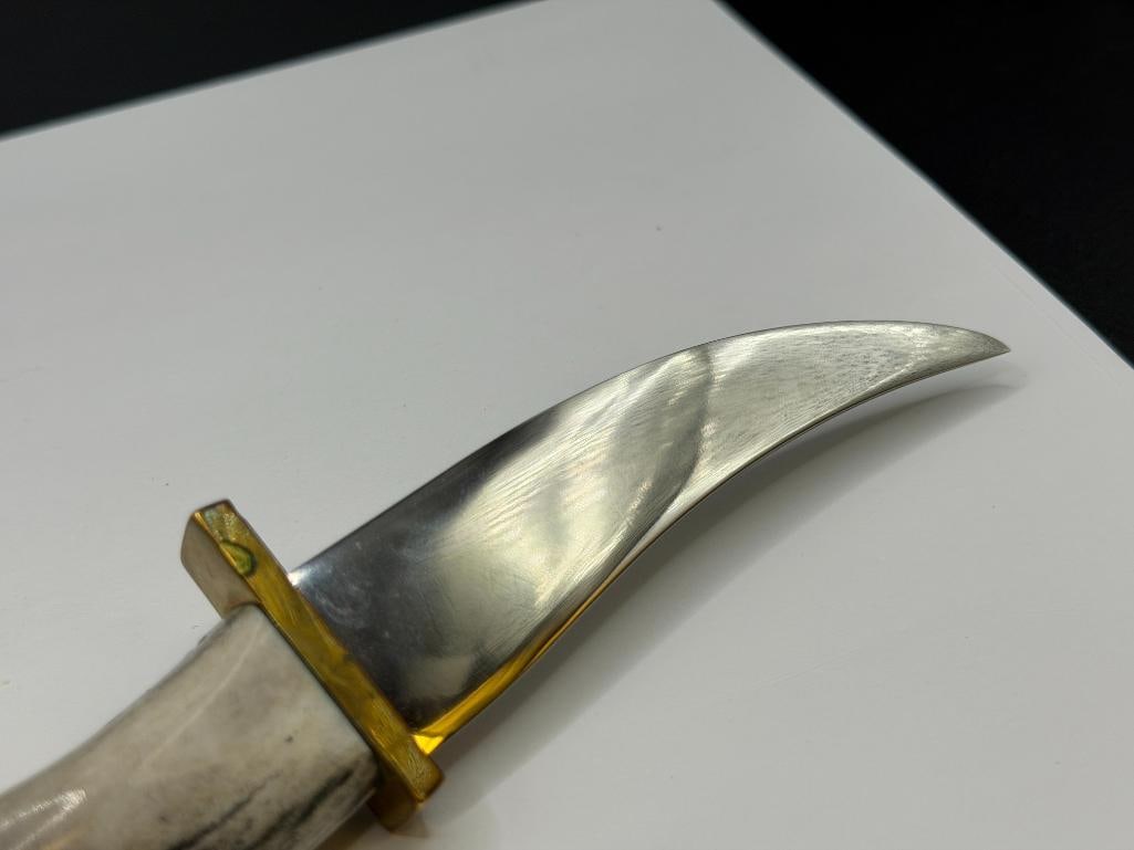 NATIVE AMERICAN MADE STAG HANDLED FIXED BLADE KNIFE FEATURING CHIEF AND BEAR PAW MOTIF ON HANDLE - 10