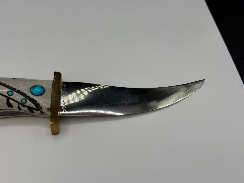 NATIVE AMERICAN MADE STAG HANDLED FIXED BLADE KNIFE FEATURING CHIEF AND BEAR PAW MOTIF ON HANDLE - 2