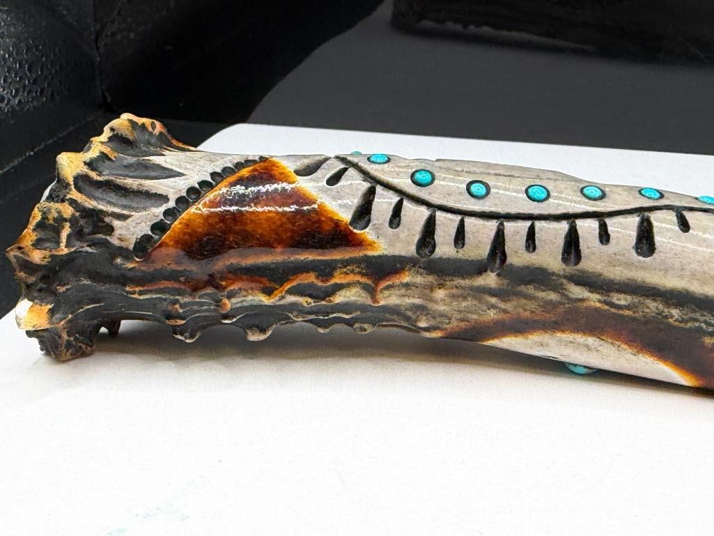 NATIVE AMERICAN MADE STAG HANDLED FIXED BLADE KNIFE FEATURING CHIEF AND BEAR PAW MOTIF ON HANDLE - 4