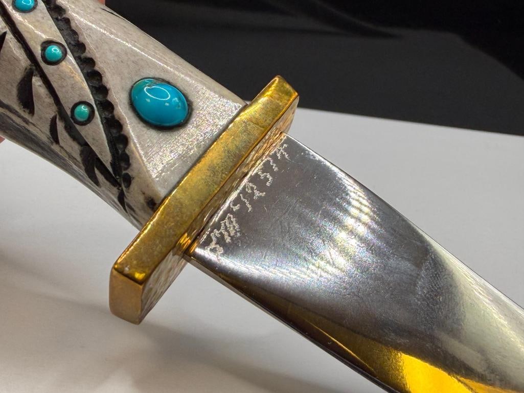 NATIVE AMERICAN MADE STAG HANDLED FIXED BLADE KNIFE FEATURING CHIEF AND BEAR PAW MOTIF ON HANDLE - 5