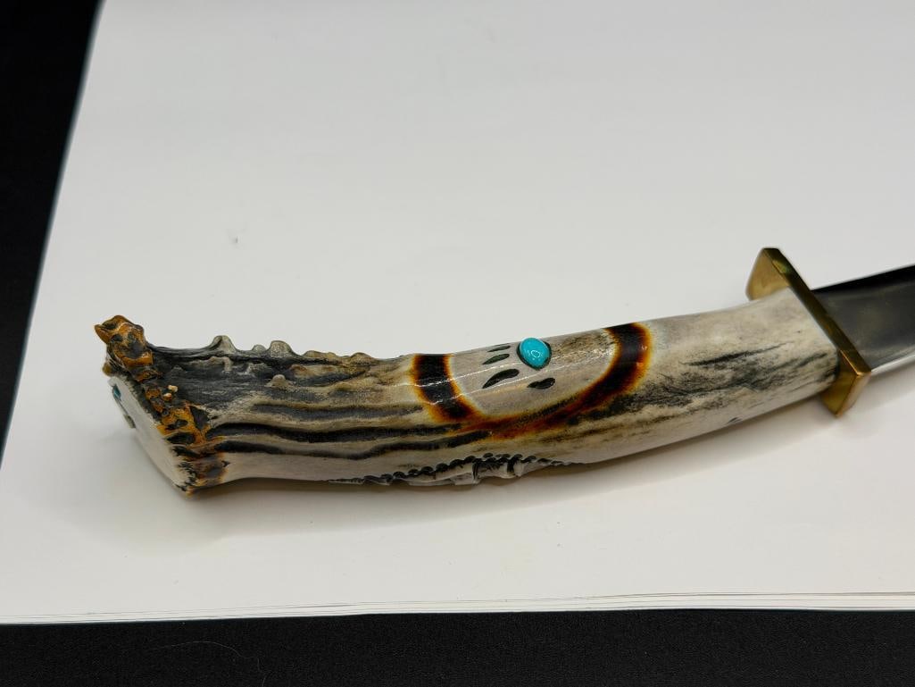 NATIVE AMERICAN MADE STAG HANDLED FIXED BLADE KNIFE FEATURING CHIEF AND BEAR PAW MOTIF ON HANDLE - 7
