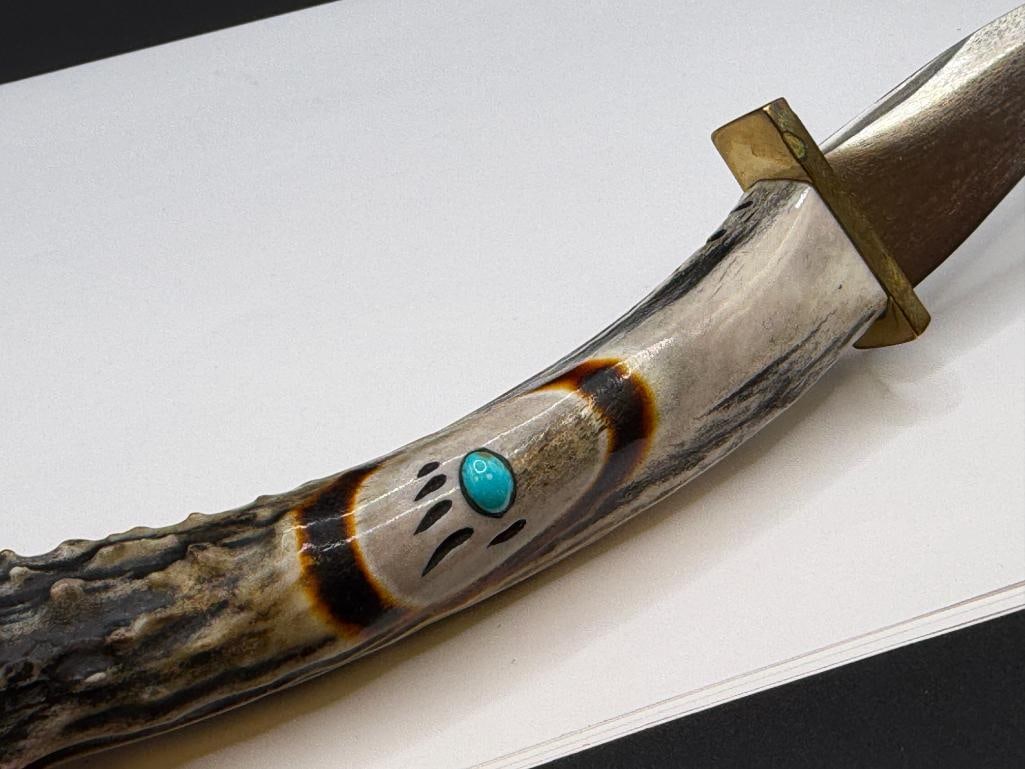 NATIVE AMERICAN MADE STAG HANDLED FIXED BLADE KNIFE FEATURING CHIEF AND BEAR PAW MOTIF ON HANDLE - 9