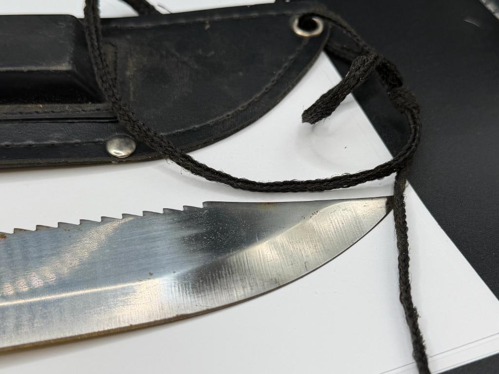 FIXED BLADE SURVIVALIST KNIFE WITH COMPASS AT BASE OF HANDLE, SHARPENING STONE, AND SUPPLIES - 3