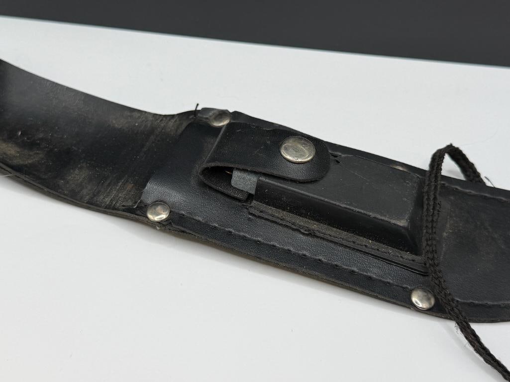 FIXED BLADE SURVIVALIST KNIFE WITH COMPASS AT BASE OF HANDLE, SHARPENING STONE, AND SUPPLIES - 5