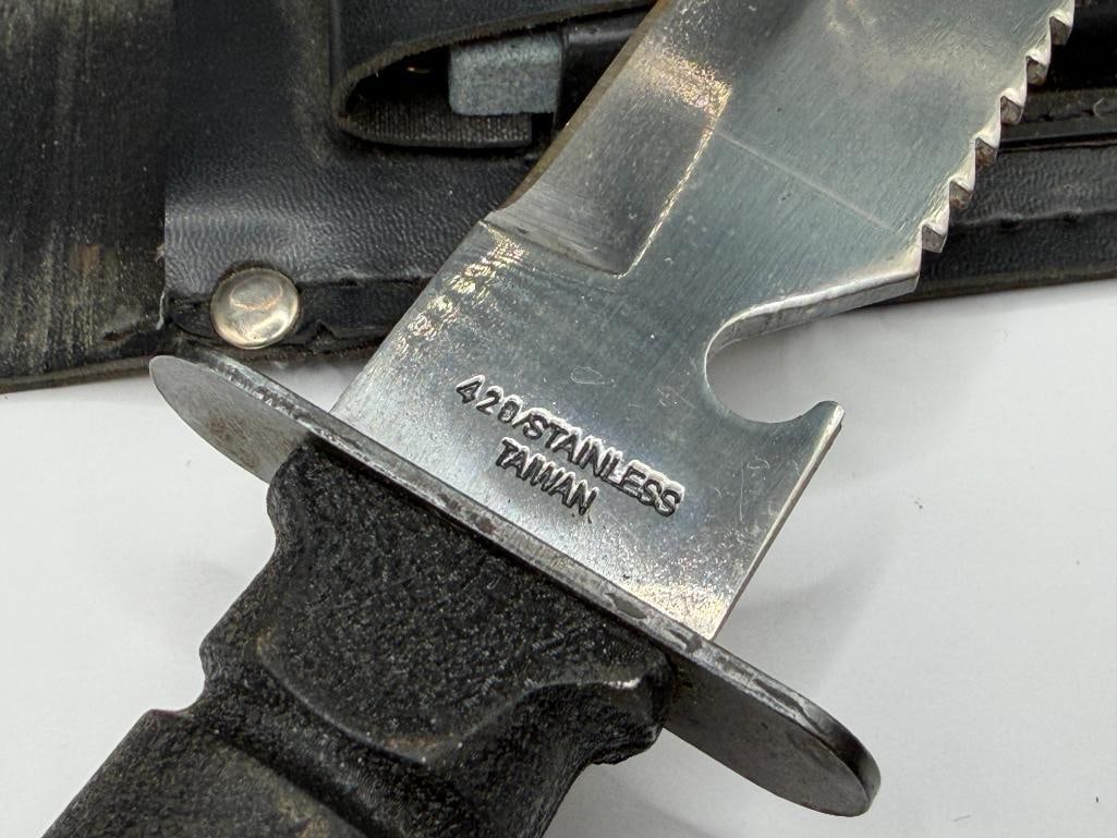 FIXED BLADE SURVIVALIST KNIFE WITH COMPASS AT BASE OF HANDLE, SHARPENING STONE, AND SUPPLIES - 8