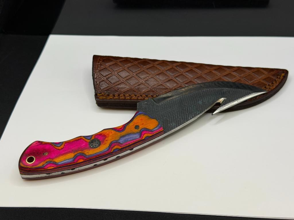 FORGED CARBON STEEL FIXED BLADE KNIFE WITH GUT HOOK AND FULL TANG BLADE - 5