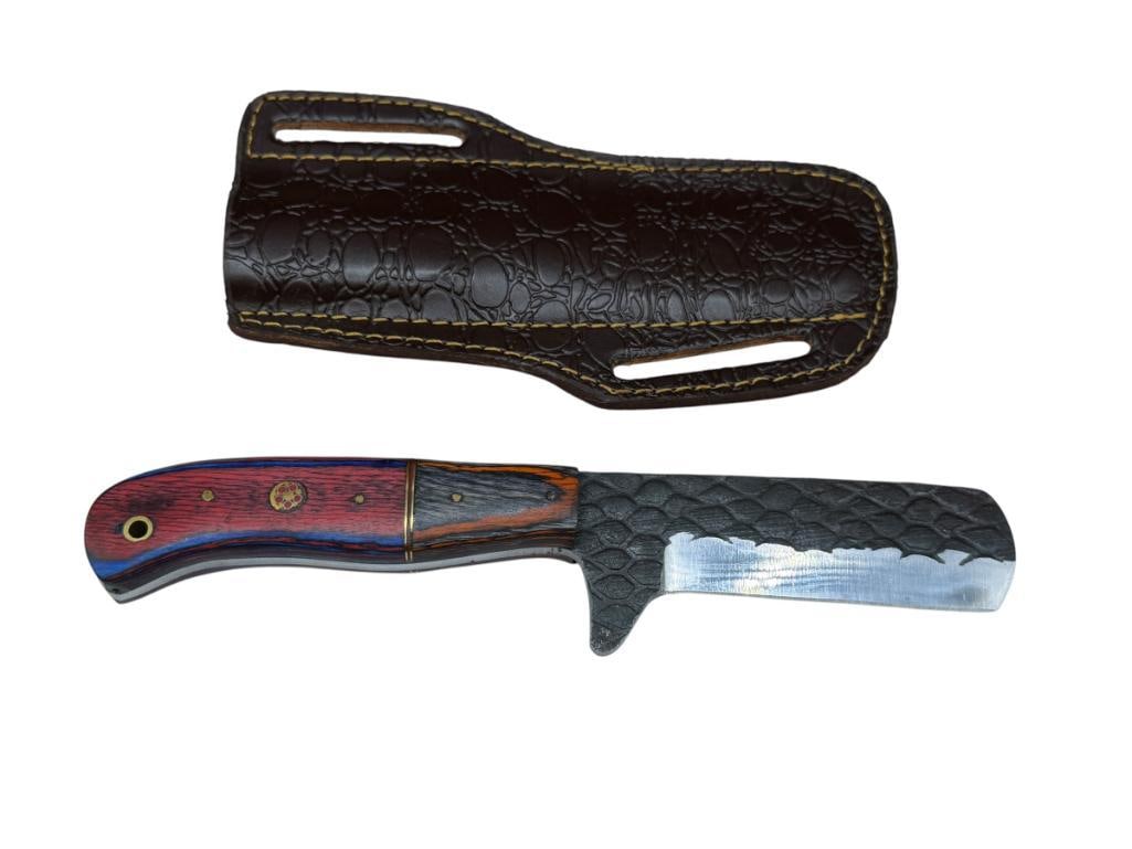FORGED CARBON STEEL FIXED BLADE KNIFE FEATURING FULL TANG BLADE: FEATURES A ROUND TIP ON BLADE AND MULTI-COLORED DYED WOOD HANDLE, INCLUDES A LEATHER SHEATH 3 1/2" BLADE, 8 1/4" TOTAL LENGTH