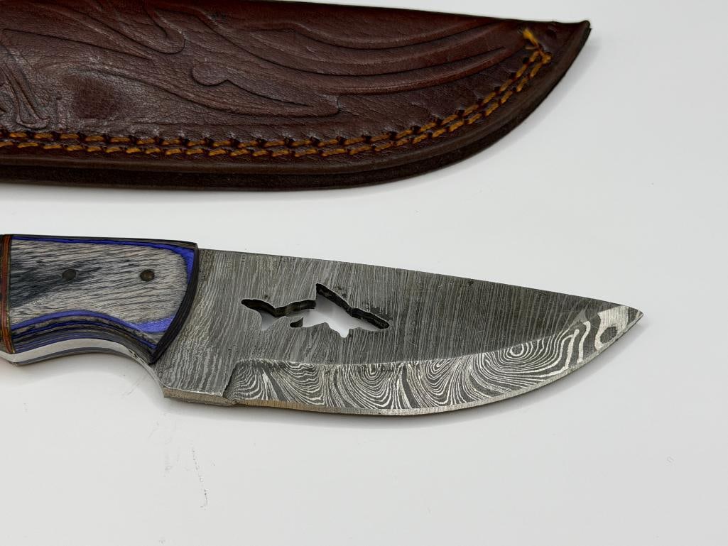 DAMASCUS STEEL FIXED BLADE KNIFE FEATURING SHARK SILHOUETTE CUTOUT IN BLADE - 2